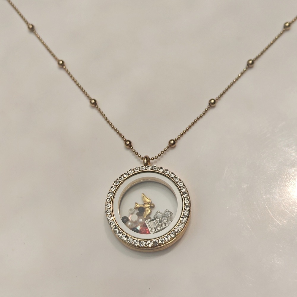 Gold Floating Round Clear Charm Locket Necklace Crystal Bezel Magnet Ball Chain